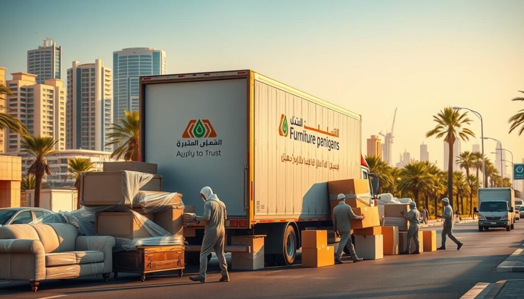 A bustling street in Jazan, Saudi Arabia, where a team of professional home furniture movers carefully load a truck with an array of household items. In the foreground, the movers meticulously wrap and secure sofas, armchairs, and dressers, ensuring a safe and damage-free transport. The middle ground features the company's logo and branding prominently displayed on the side of the truck, conveying a sense of reliability and expertise. In the background, the vibrant cityscape of Jazan unfolds, with towering buildings and lush greenery creating a picturesque setting. The scene is illuminated by warm, natural lighting, casting a welcoming and efficient atmosphere. The overall composition captures the seamless coordination and expertise of the furniture moving company, showcasing their commitment to providing exceptional service to the residents of Jazan.