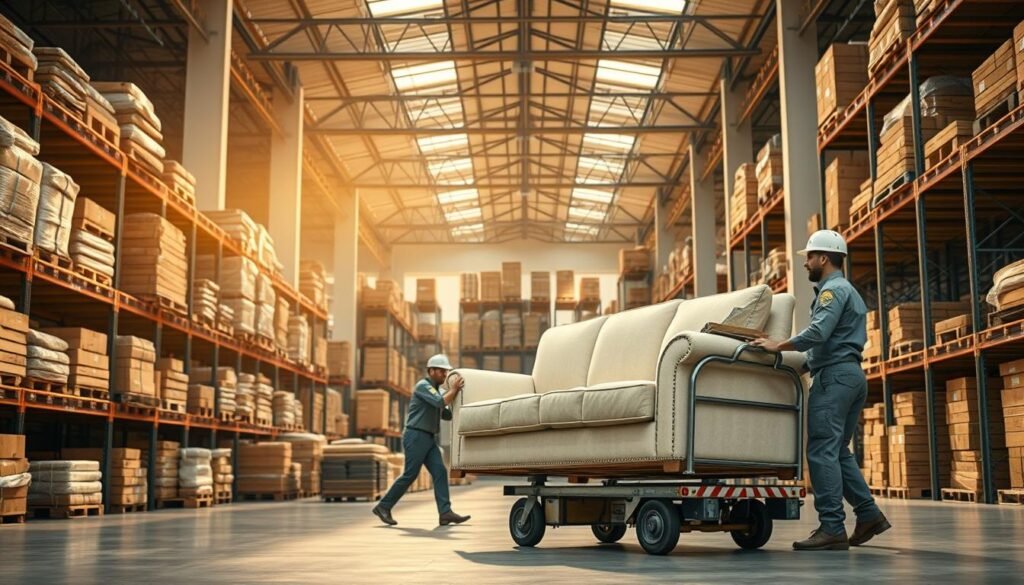 Elegant and expansive Arabic-style warehouse, illuminated by warm natural light. Sturdy wooden shelves and crates hold an array of carefully packaged furniture pieces. In the foreground, a group of uniformed, attentive movers expertly load a sofa onto a specialized transport cart. Surrounding them, a spacious, well-organized facility with high ceilings and a backdrop of the vibrant Jazan cityscape. Convey a sense of professionalism, efficiency, and a commitment to safeguarding valuable home furnishings.